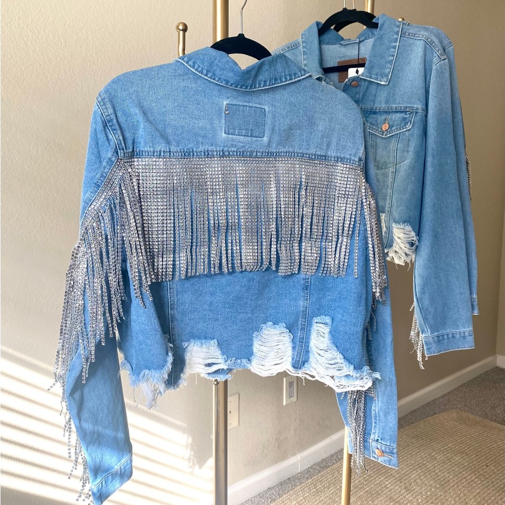 Custom Rhinestone Denim Fringe Jacket - Picture 8 of 17